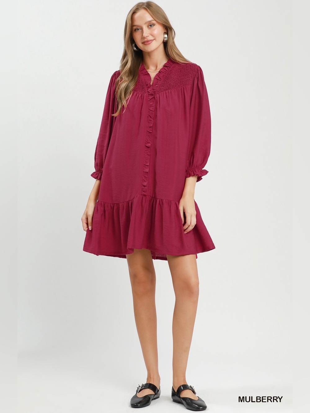 Umgee Smocked Ruffle Tiered Mini Dress Mulberry Pocketed NWT🛍️